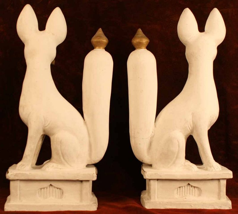 Luminescent White Clay Sculpture of Inari Foxes