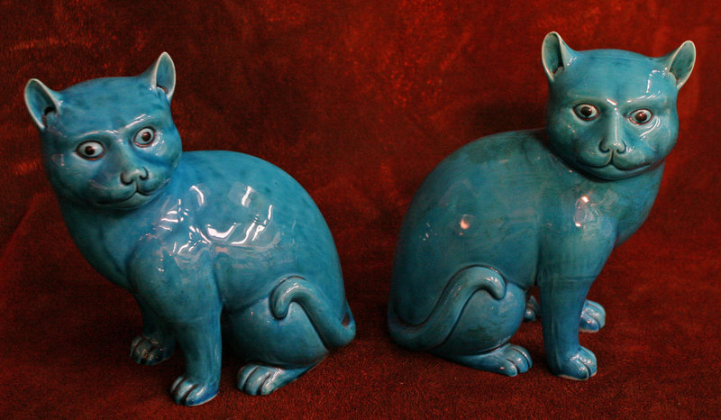 Pair of Meiji Period Blue Kutani Porcelain Cats