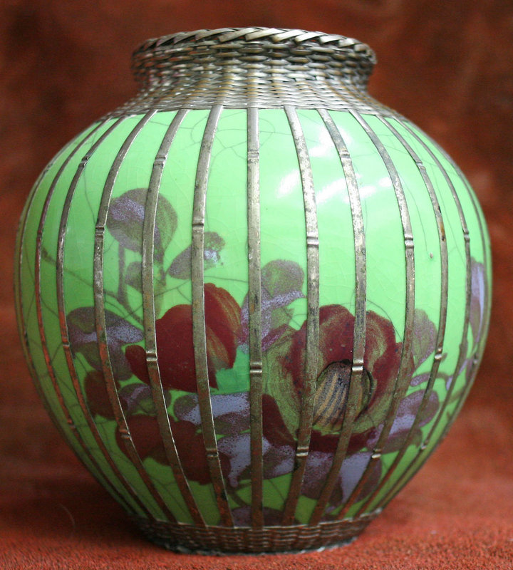 Silverised Metal Basket Weave Cloissone Vase