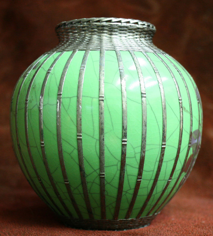 Silverised Metal Basket Weave Cloissone Vase