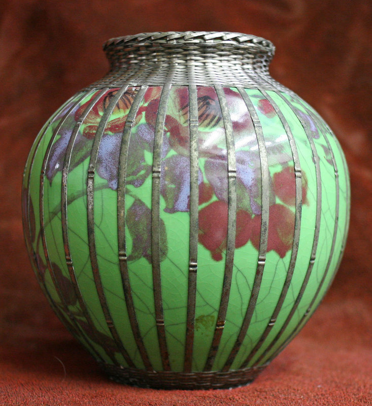 Silverised Metal Basket Weave Cloissone Vase