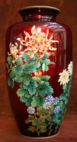 Red Japanese Cloisonne Vase with Elaborate Flowers