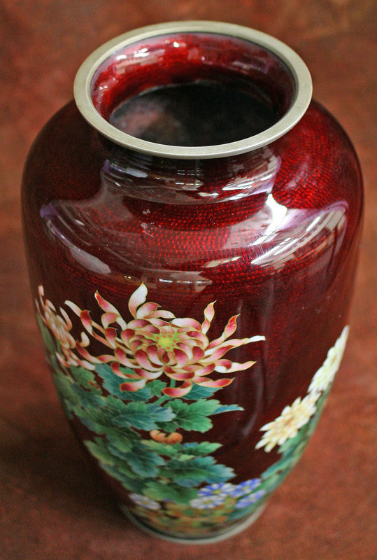 Red Japanese Cloisonne Vase with Elaborate Flowers