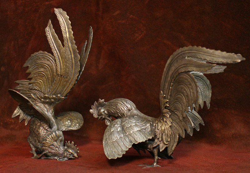 Rare Meiji Period Japanese Bronze Fighting Cocks