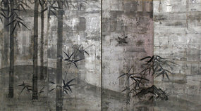 Silverized Four-Panel Japanese Bamboo Screen