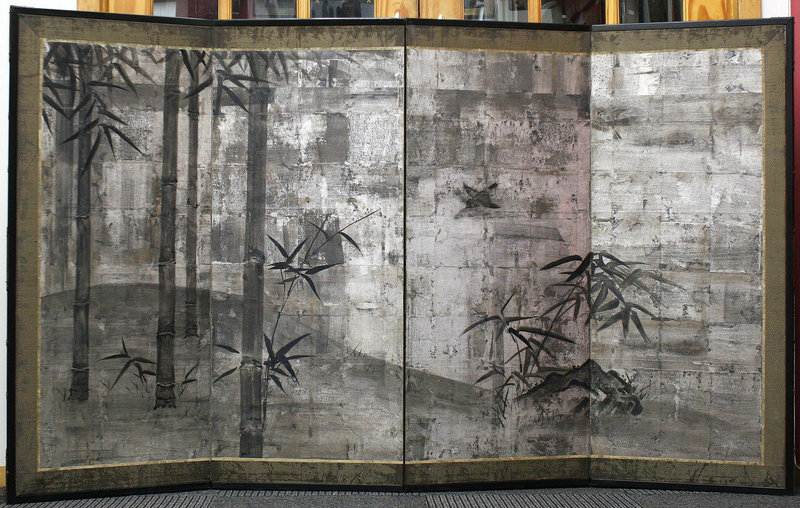 Silverized Four-Panel Japanese Bamboo Screen