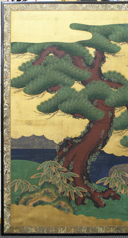 Edo Period Pine Tree and Landscape Gold Painted Screen