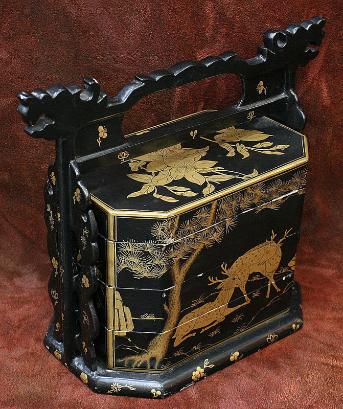 Antique Gold and Black Lacquer Obento  Lunch/Picnic Box