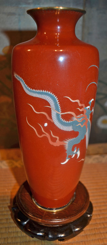 Cloisonne Vase with a Yellow-Eyed Dragon on Maroon