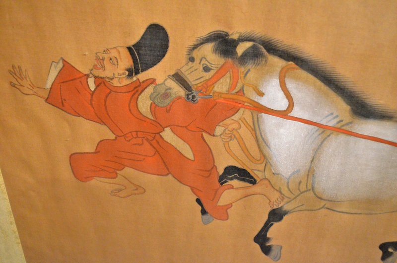 Edo Pd. Kano School Painting of Two Men Pulling a Horse