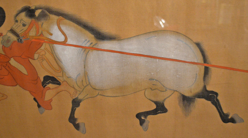 Edo Pd. Kano School Painting of Two Men Pulling a Horse
