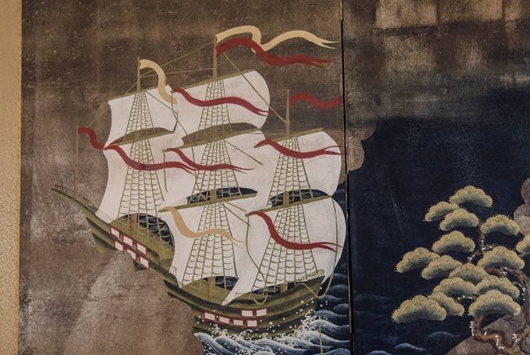 Meiji Period Namban Screen Depicting Portuguese Seamen