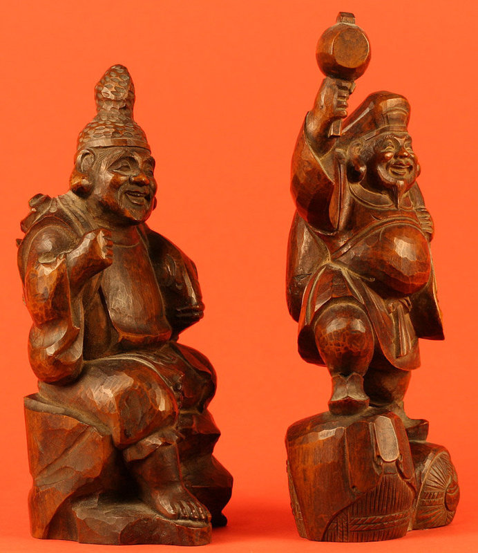 Pair of Japanese Meiji Period Wood Kitchen Gods, Daikoku and Ebisu