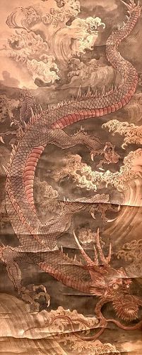 19th Century Meiji Period Dragon Painting on Gold Silk, Six-Feet Tall