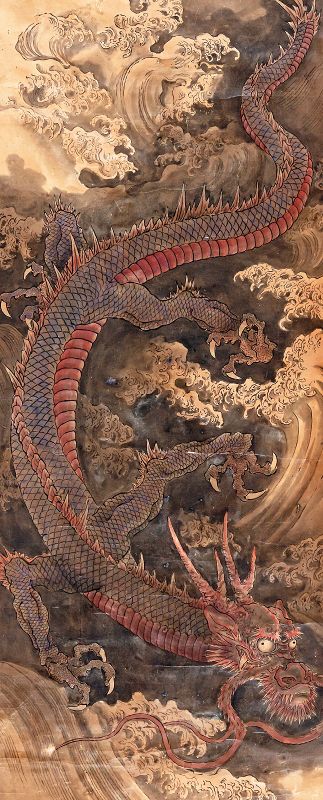 19th Century Japanese Dragon Painting mounted on 6 Feet Tall Gold Silk