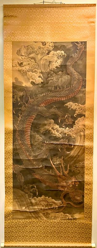 19th Century Japanese Dragon Painting mounted on 6 Feet Tall Gold Silk