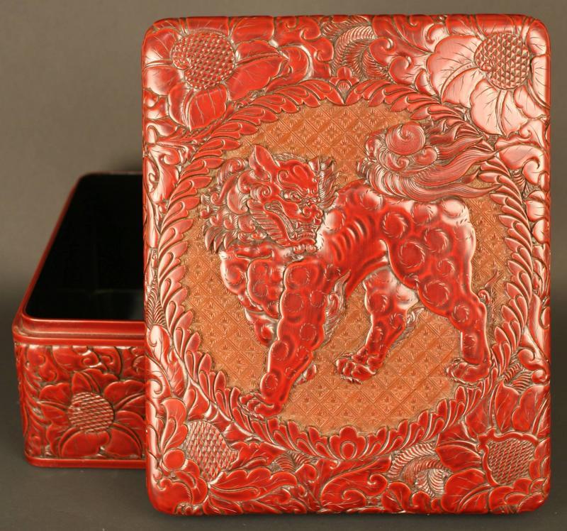 Superb Red Lacquered Box by Kasen, Shishi and Peonies