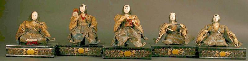 Rare Set of Five 18th Century Japanese Musician Dolls
