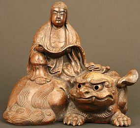Kannon and Shishi Edo Period Bizen Ceramic Sculpture