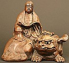 Kannon and Shishi Edo Period Bizen Ceramic Sculpture