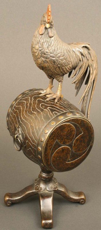 Rooster on Drum Fine Bronze Sculpture, 19th Century
