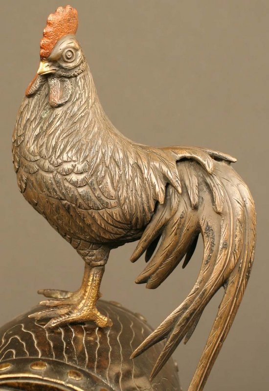 Rooster on Drum Fine Bronze Sculpture, 19th Century