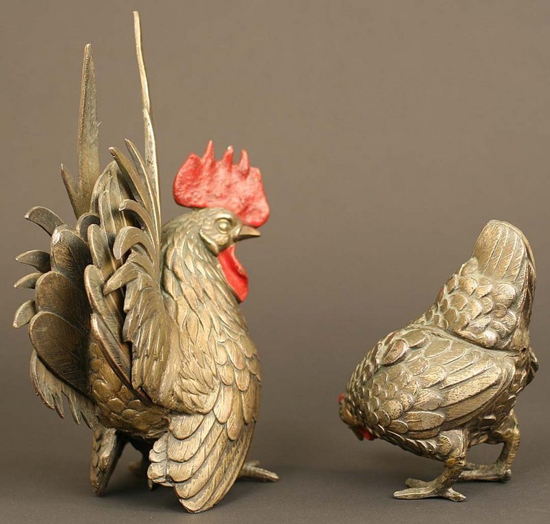 Rooster and Hen Japanese Antique Bronze Sculpture