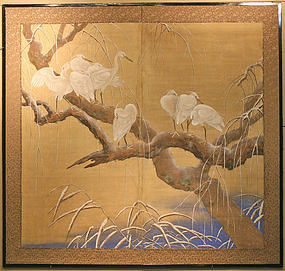 Stunning, Very Fine Meiji Period Snow Cranes Screen