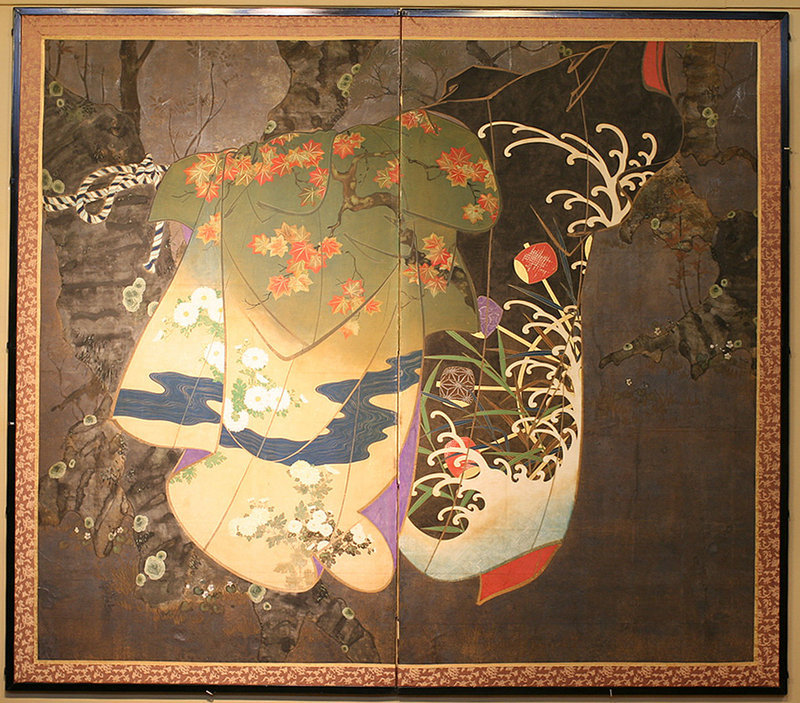 Very Fine 18th Century Screen of 4 Seasons and Kimonos