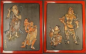 Very Fine Edo Period Japanese Carved Lacquered Panels