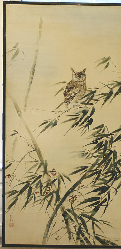 Japanese Antique Screen, Owl in Bamboo Forest by Kouro