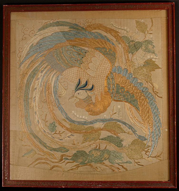 Framed 19th Century Edo Period Embroidery of a Phoenix