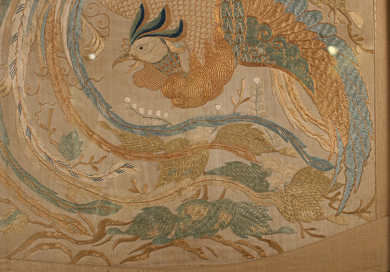 Framed 19th Century Edo Period Embroidery of a Phoenix