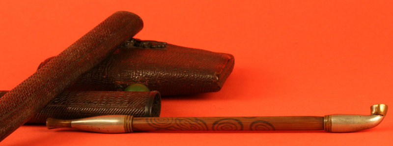 Edo Period Japanese Tobacco Pouch, Pipe, and Pipe Case