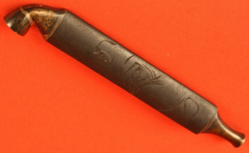 Edo Period Lead and Silver Tobacco Pipe with Darumas