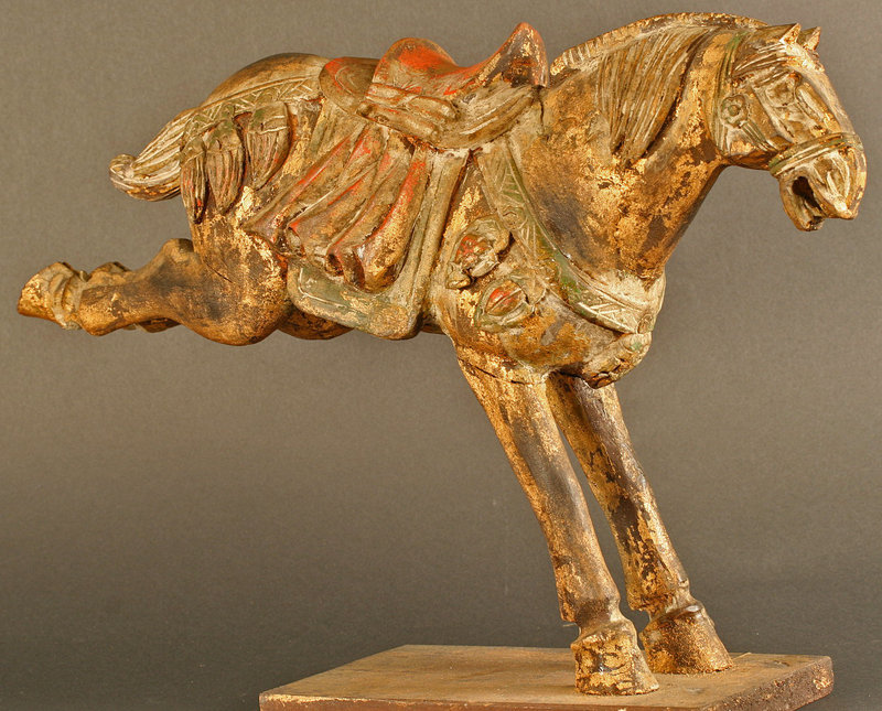 Edo Period Galloping Horse Wood and Gold Sculpture