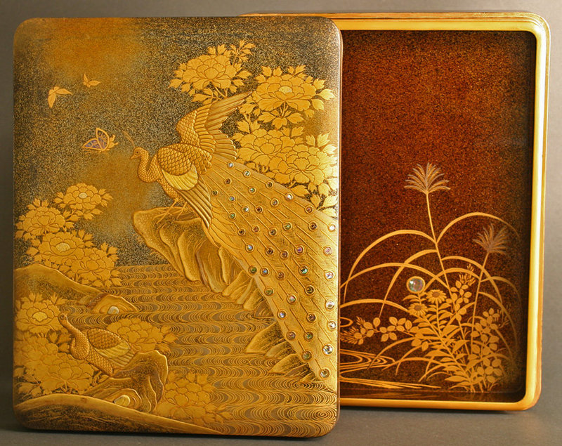 Edo Gold Lacquered Box with Peacocks and Butterflies