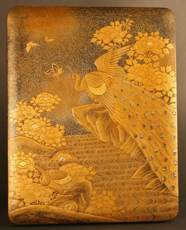 Edo Gold Lacquered Box with Peacocks and Butterflies