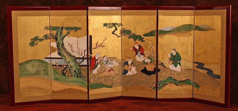 Pair of Table Top Gold Leaf Japanese Screen Paintings