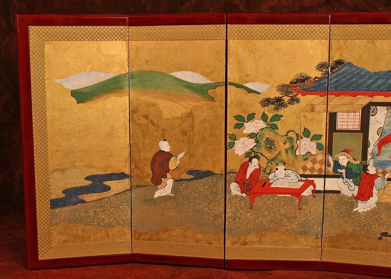 Pair of Table Top Gold Leaf Japanese Screen Paintings