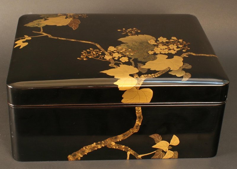 19th C. Black and Gold Flower and Foliage Lacquer Box