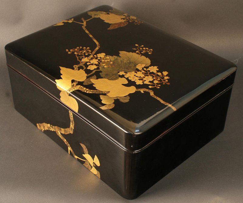 19th C. Black and Gold Flower and Foliage Lacquer Box