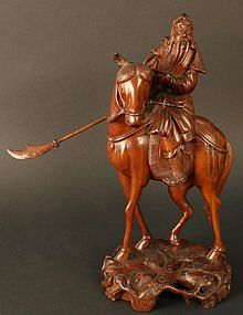Chinese Boxwood Sculpture of Warrior on a Horse