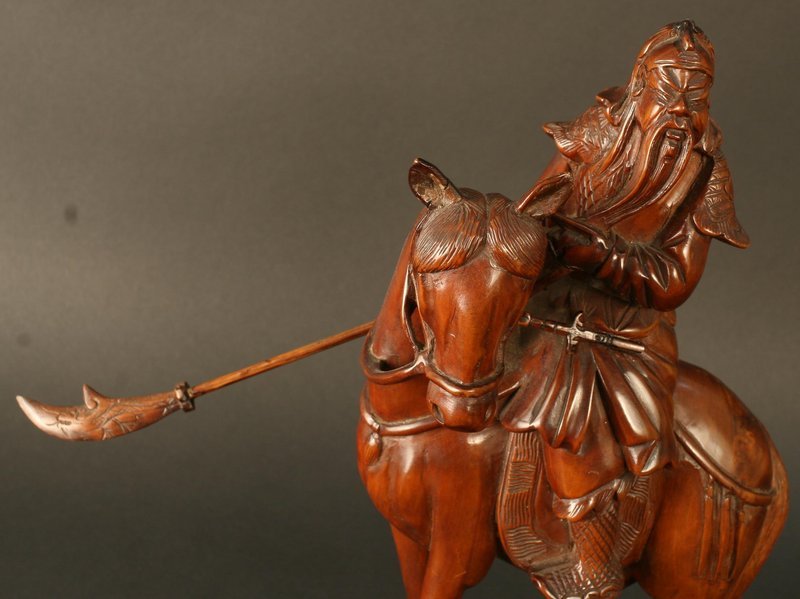 Chinese Boxwood Sculpture of Warrior on a Horse