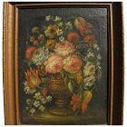 19th century floral still life painting on coarse canvas in style of earlier centuries