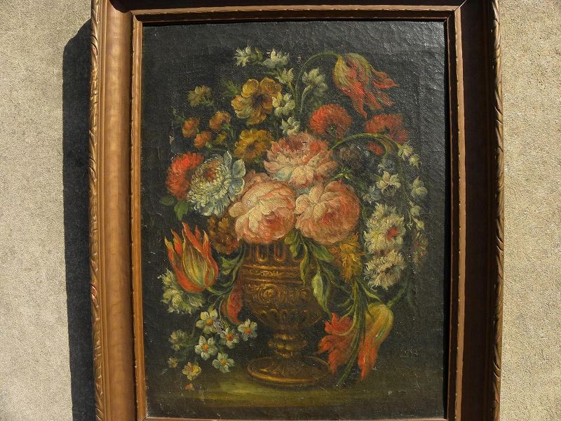 19th century floral still life painting on coarse canvas in style of earlier centuries