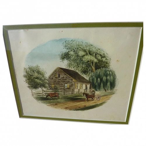 American watercolor drawing circa 1830s rural homestead scene