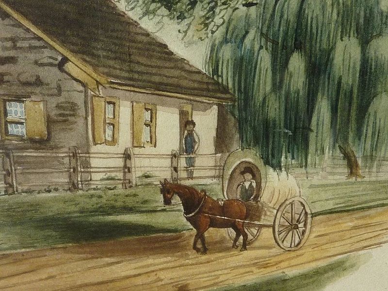 American watercolor drawing circa 1830s rural homestead scene