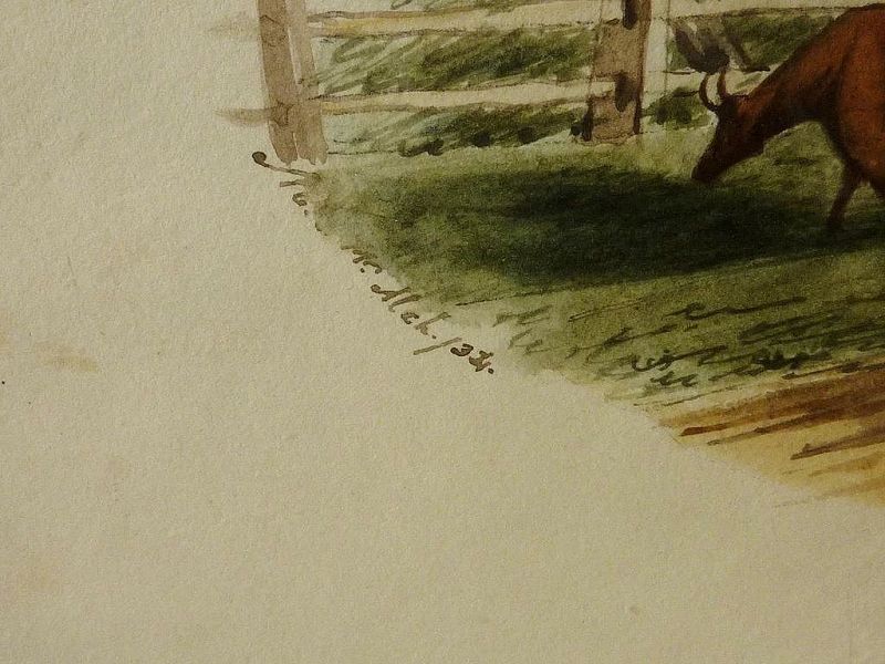 American watercolor drawing circa 1830s rural homestead scene