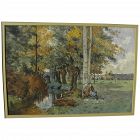 European 19th century watercolor painting lady in a rural landscape